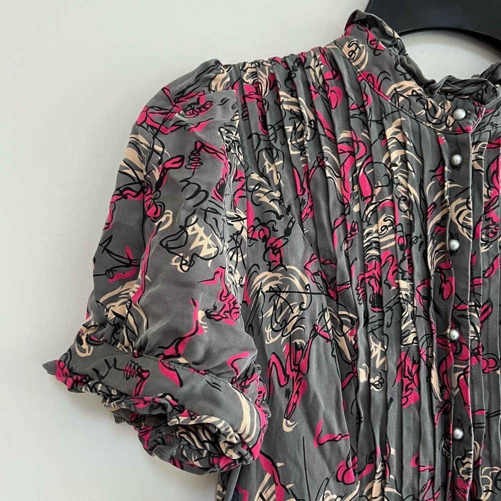 Anthropologie Vtg 2009 Button Front Short Sleeve Silk Dress Belt Pockets Gray, 6 - Picture 6 of 10